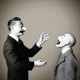 A human in a suit manipulating another person like a ventriloquist dummy