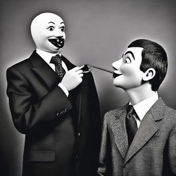 A human in a suit manipulating another person like a ventriloquist dummy