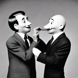 A human in a suit manipulating another person like a ventriloquist dummy