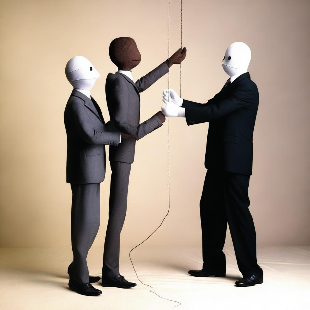 A human in a suit manipulating another person like a puppet