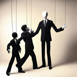 A human in a suit manipulating another person like a puppet