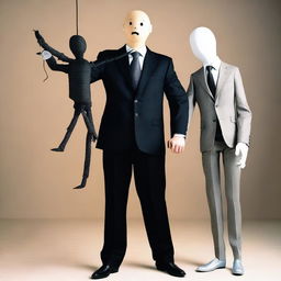 A human in a suit manipulating another person like a puppet