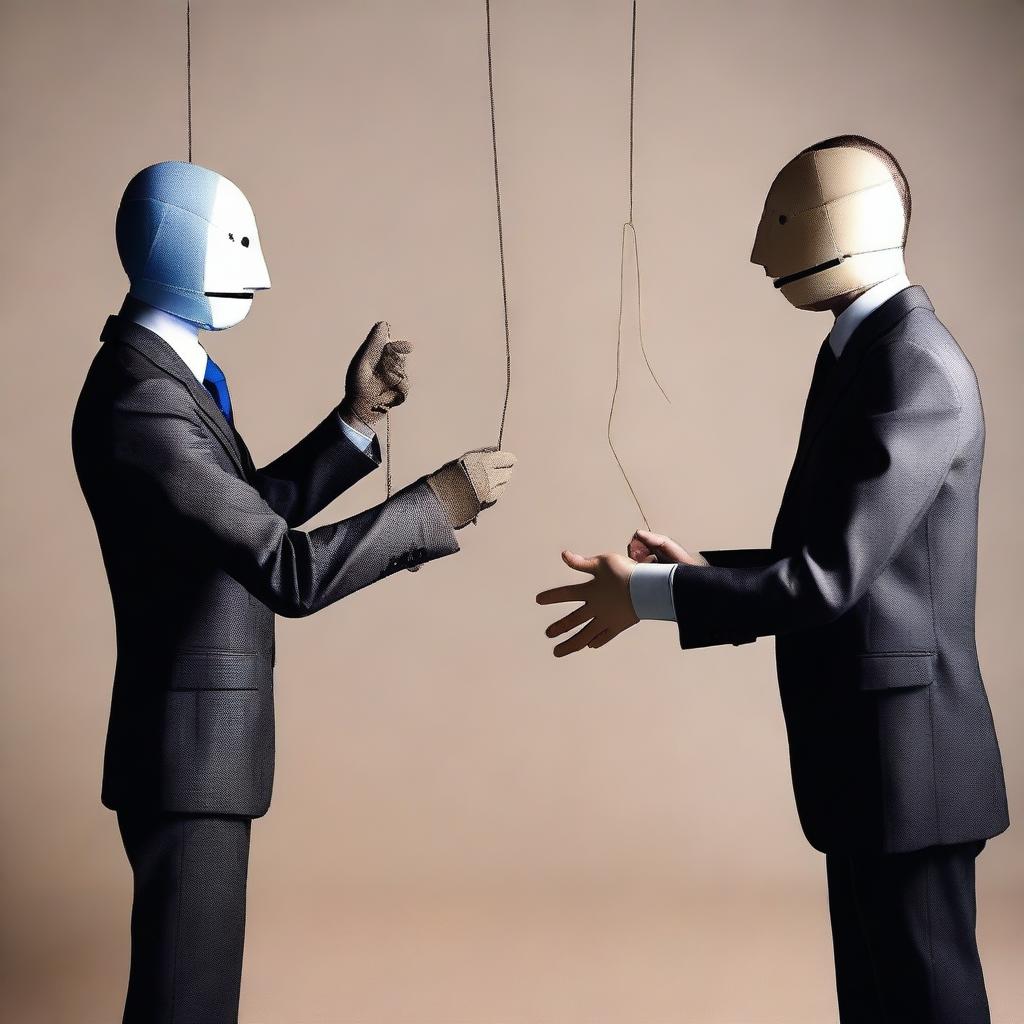 A human in a suit manipulating another person like a puppet