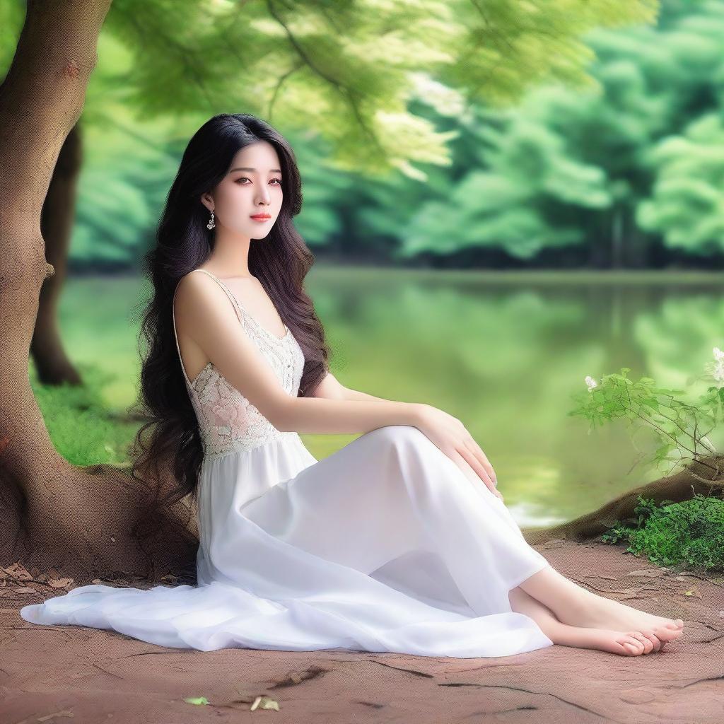 A beautiful woman with long flowing hair is sitting gracefully, showing her pretty feet