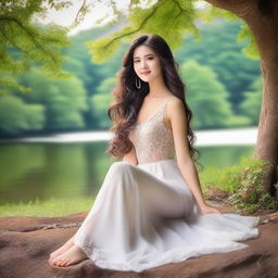 A beautiful woman with long flowing hair is sitting gracefully, showing her pretty feet