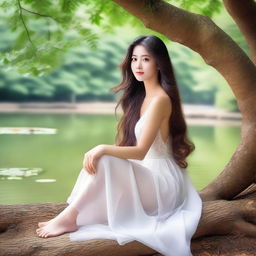 A beautiful woman with long flowing hair is sitting gracefully, showing her pretty feet