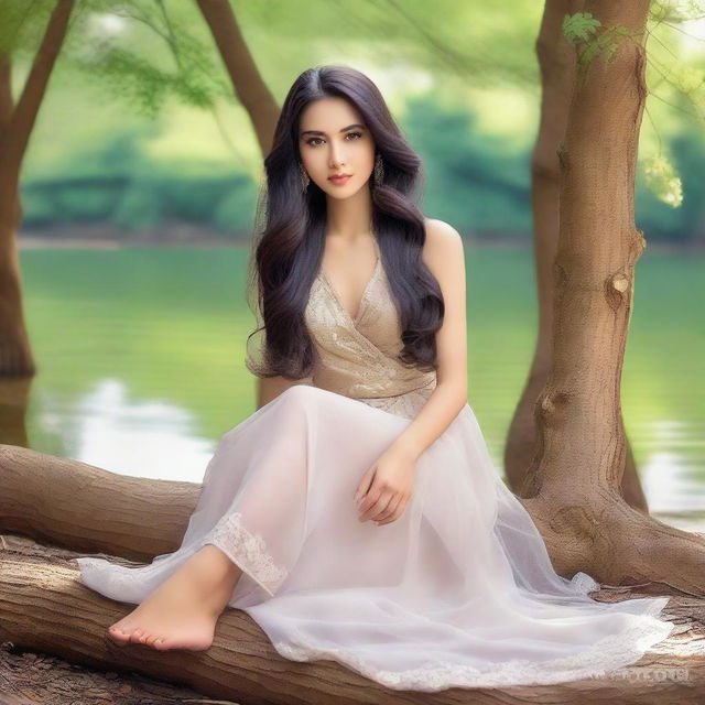 A beautiful woman with long flowing hair is sitting gracefully, showing her pretty feet