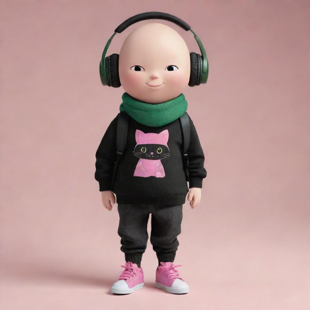 A delightful cartoon depiction of a bald boy adorning a black cap, pink cat headphones, a black T-shirt with an 'R', black pants, green shoes, styled with a dark green scarf and sporting an egg backpack.