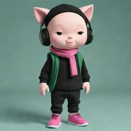 A delightful cartoon depiction of a bald boy adorning a black cap, pink cat headphones, a black T-shirt with an 'R', black pants, green shoes, styled with a dark green scarf and sporting an egg backpack.