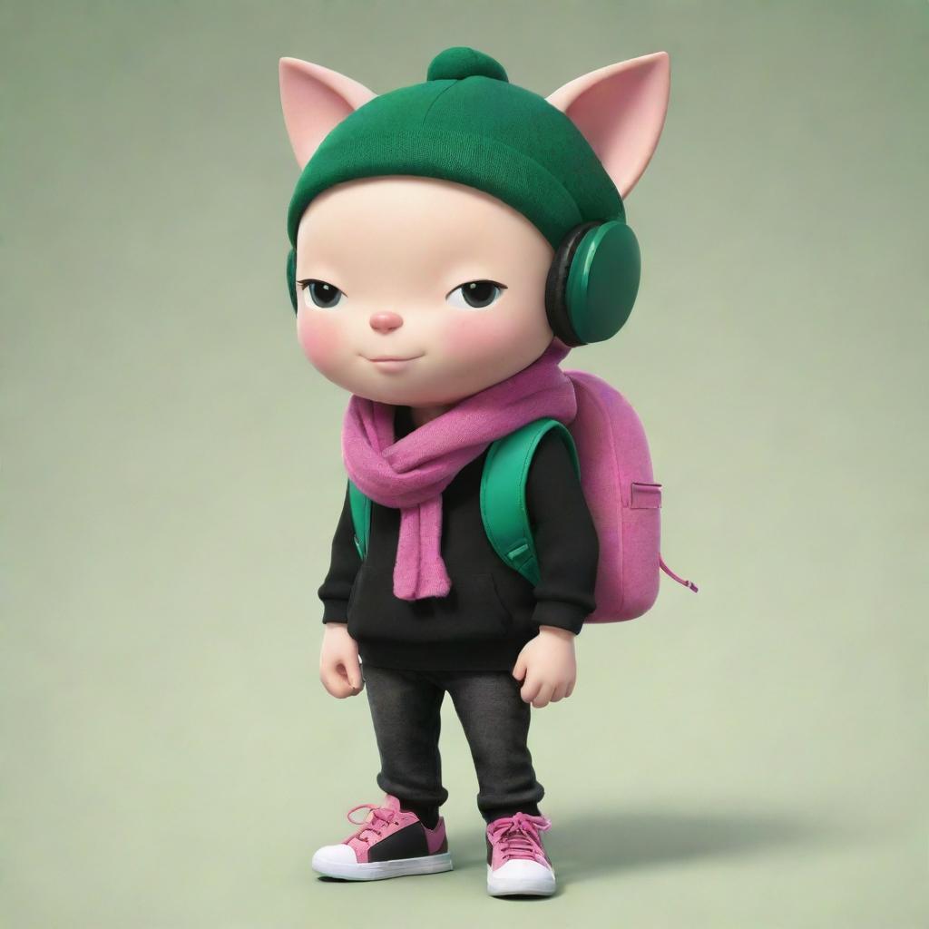 A delightful cartoon depiction of a bald boy adorning a black cap, pink cat headphones, a black T-shirt with an 'R', black pants, green shoes, styled with a dark green scarf and sporting an egg backpack.