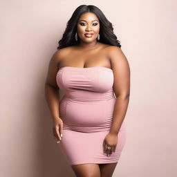 A tall, plus-size woman in a strapless tight mini dress, showcasing her cleavage and large breasts