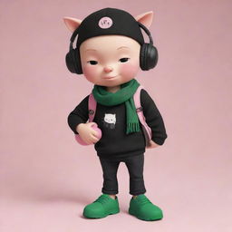 A delightful cartoon depiction of a bald boy adorning a black cap, pink cat headphones, a black T-shirt with an 'R', black pants, green shoes, styled with a dark green scarf and sporting an egg backpack.