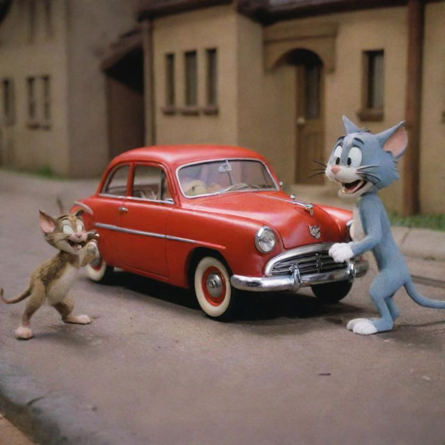 A 1950s stop motion scene featuring Tom and Jerry in their characteristic comedic chase, filled with exaggerated expressions and slapstick humor.