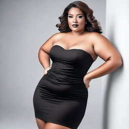 A tall, plus-size woman in a strapless tight mini dress, showcasing her cleavage and large breasts