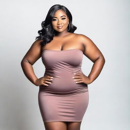 A tall, plus-size woman in a strapless tight mini dress, showcasing her cleavage and large breasts