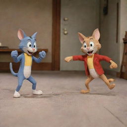 A 1950s stop motion scene featuring Tom and Jerry in their characteristic comedic chase, filled with exaggerated expressions and slapstick humor.