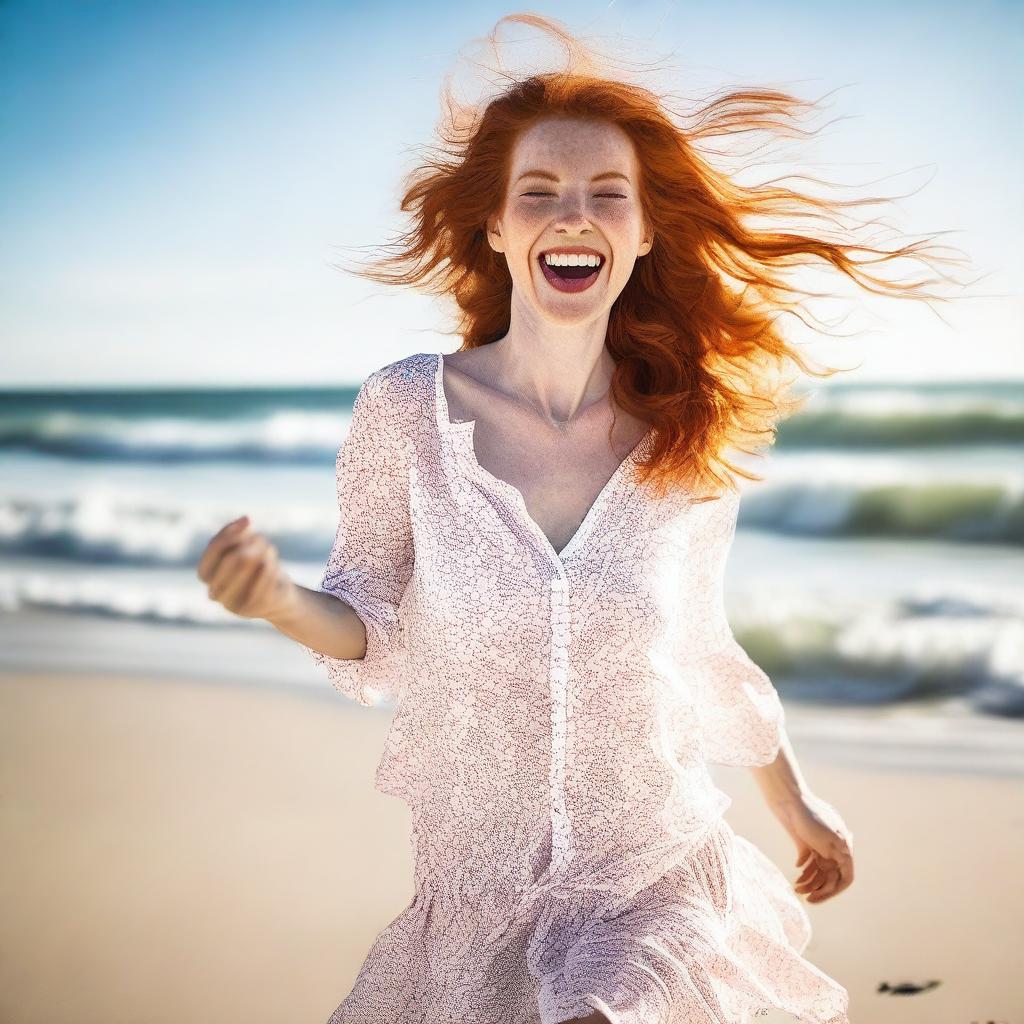 A slender red-haired woman with a cheerful expression, dancing on a sunny beach