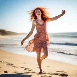 A slender red-haired woman with a cheerful expression, dancing on a sunny beach