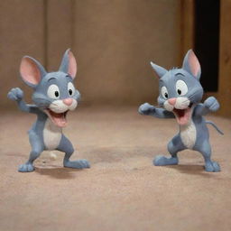 A 1950s stop motion scene featuring Tom and Jerry in their characteristic comedic chase, filled with exaggerated expressions and slapstick humor.