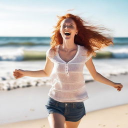 A slender red-haired woman with a cheerful expression, dancing on a sunny beach