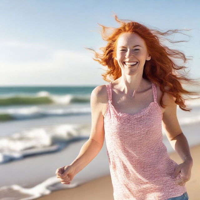 A slender red-haired woman with a cheerful expression, dancing on a sunny beach