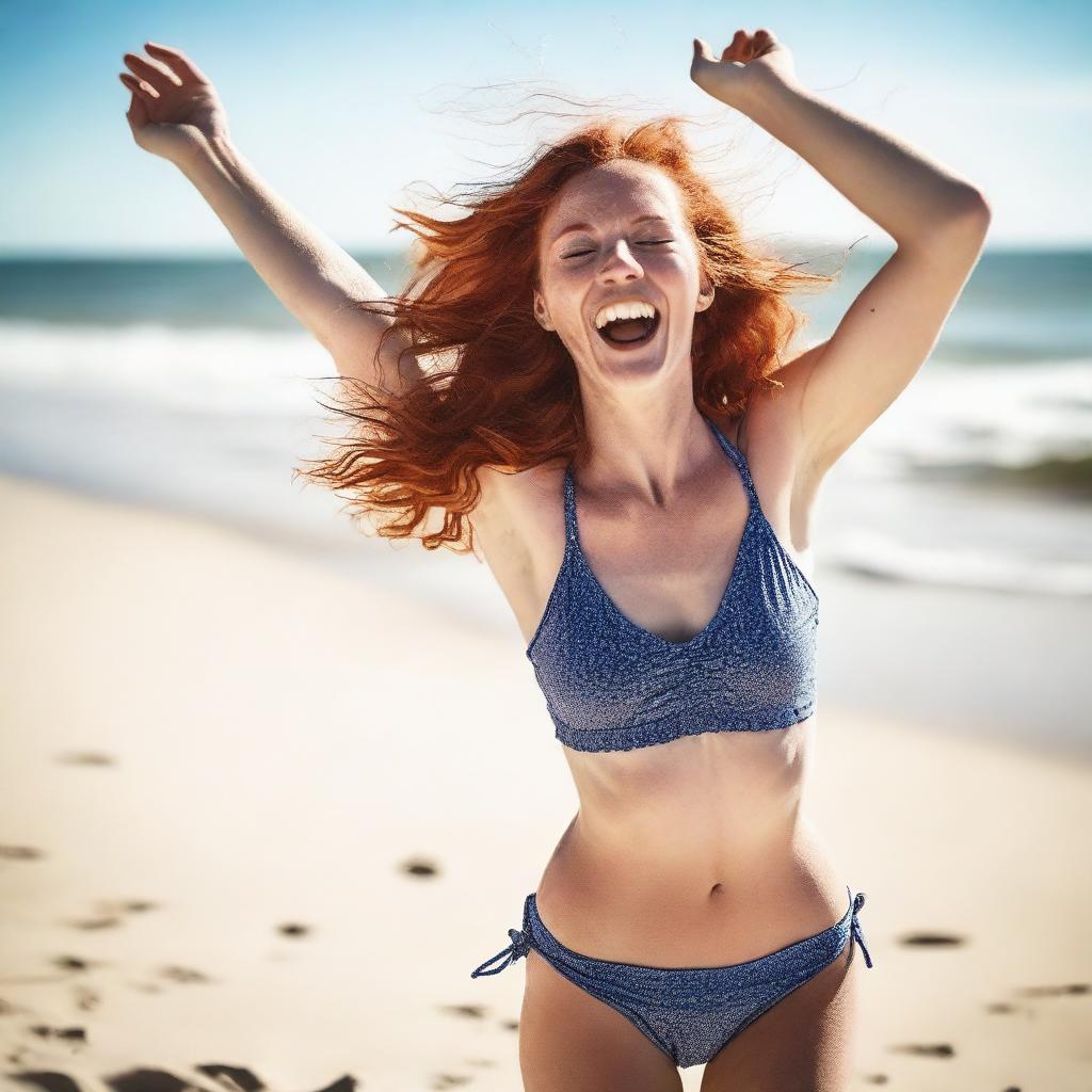 A slender, pretty red-haired woman in her 20s, wearing a swimsuit, dancing joyfully on a sunny beach