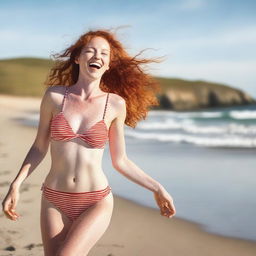 A slender, pretty red-haired woman in her 20s, wearing a swimsuit, dancing joyfully on a sunny beach