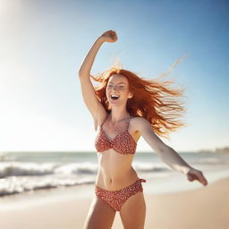 A slender, pretty red-haired woman in her 20s, wearing a swimsuit, dancing joyfully on a sunny beach