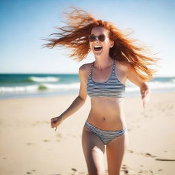 A slender, pretty red-haired woman in her 20s, wearing a swimsuit, dancing joyfully on a sunny beach