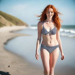 A slender, pretty red-haired woman in her 20s, wearing a swimsuit with a big bra, walking gracefully along a sunny beach