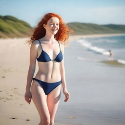 A slender, pretty red-haired woman in her 20s, wearing a swimsuit with a big bra, walking gracefully along a sunny beach