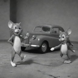 A 1950s stop motion scene featuring Tom and Jerry in their characteristic comedic chase, filled with exaggerated expressions and slapstick humor.