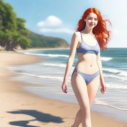 A slender, pretty red-haired 18-year-old woman, wearing a swimsuit with a big bra, walking gracefully along a sunny beach