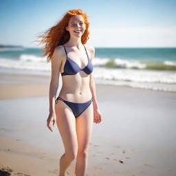 A slender, pretty red-haired 18-year-old woman, wearing a swimsuit with a big bra, walking gracefully along a sunny beach