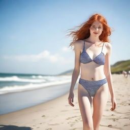 A slender, pretty red-haired 18-year-old woman, wearing a swimsuit with a big bra, walking gracefully along a sunny beach