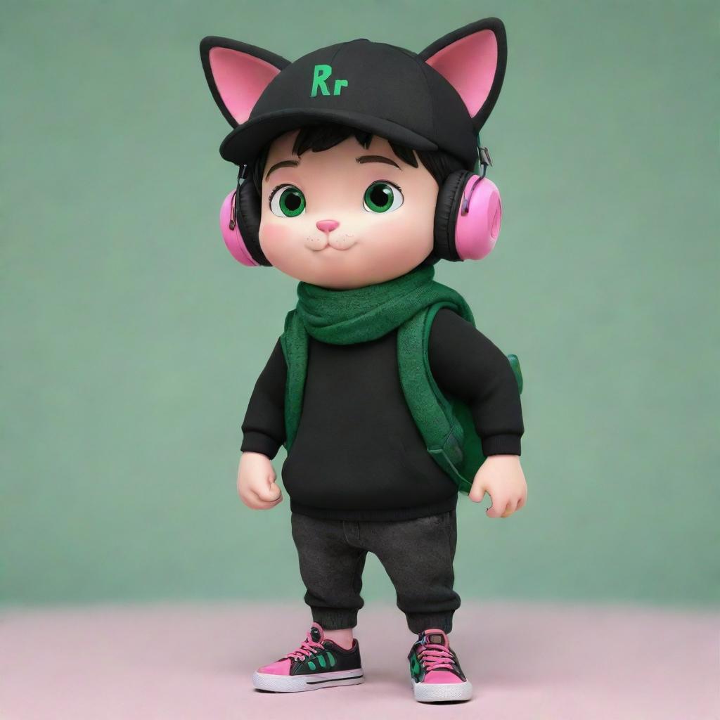 A charming cartoon of a boy wearing a black cap, pink cat headphones, a black T-shirt with an 'R' symbol, black pants, and green shoes. He also sports a dark green scarf and carries an egg backpack.