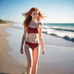 A slender, pretty red-haired 18-year-old woman, wearing a swimsuit, walking gracefully along a sunny beach