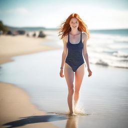 A slender, pretty red-haired 18-year-old woman, wearing a swimsuit, walking gracefully along a sunny beach