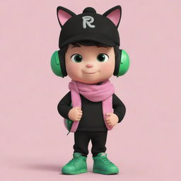 A charming cartoon of a boy wearing a black cap, pink cat headphones, a black T-shirt with an 'R' symbol, black pants, and green shoes. He also sports a dark green scarf and carries an egg backpack.