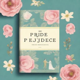 A classic book cover design for 'Pride and Prejudice', featuring elegant typography, a vintage illustration of a Regency-era couple, and a sophisticated color palette with shades of cream, gold, and soft pastels