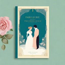 A classic book cover design for 'Pride and Prejudice', featuring elegant typography, a vintage illustration of a Regency-era couple, and a sophisticated color palette with shades of cream, gold, and soft pastels