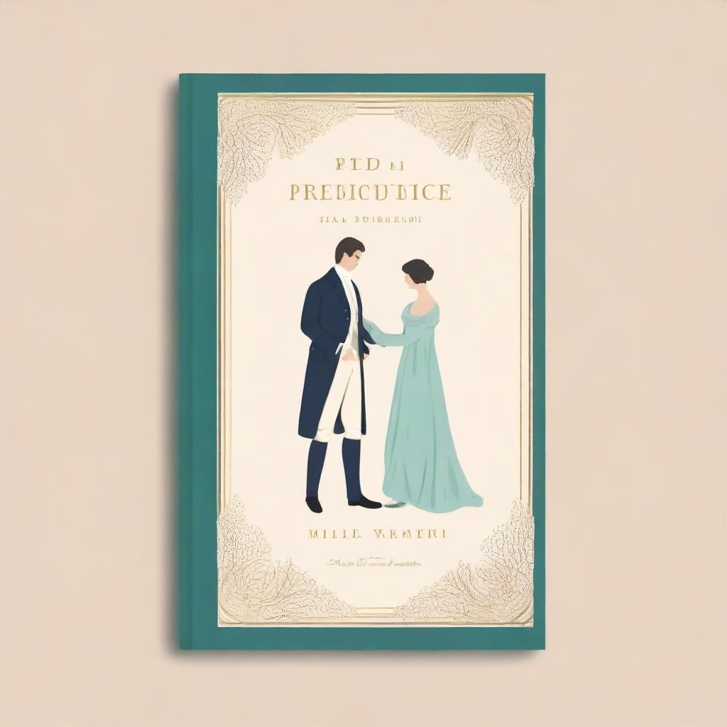 A classic book cover design for 'Pride and Prejudice', featuring elegant typography, a vintage illustration of a Regency-era couple, and a sophisticated color palette with shades of cream, gold, and soft pastels