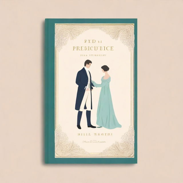 A classic book cover design for 'Pride and Prejudice', featuring elegant typography, a vintage illustration of a Regency-era couple, and a sophisticated color palette with shades of cream, gold, and soft pastels