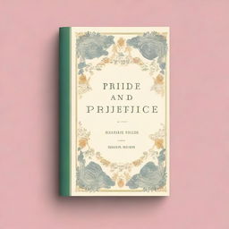 A classic book cover design for 'Pride and Prejudice', featuring elegant typography, a vintage illustration of a Regency-era couple, and a sophisticated color palette with shades of cream, gold, and soft pastels