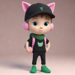 A charming cartoon of a boy wearing a black cap, pink cat headphones, a black T-shirt with an 'R' symbol, black pants, and green shoes. He also sports a dark green scarf and carries an egg backpack.