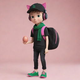 A charming cartoon of a boy wearing a black cap, pink cat headphones, a black T-shirt with an 'R' symbol, black pants, and green shoes. He also sports a dark green scarf and carries an egg backpack.