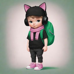 An adorable cute drawing of a boy wearing a black cap, pink cat headphones, a black t-shirt marked with 'R', black pants, green shoes, a dark green scarf, and an egg backpack.