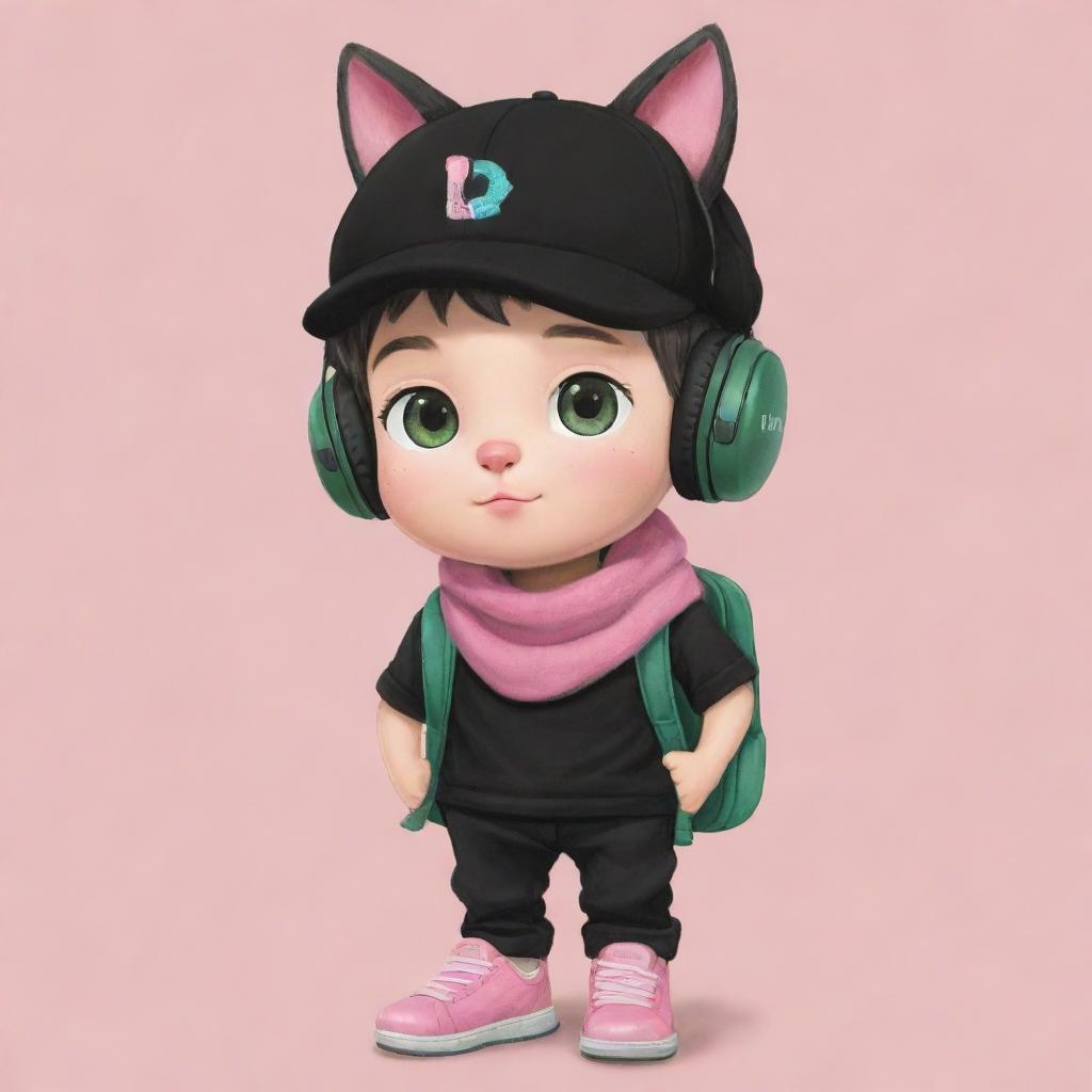 An adorable cute drawing of a boy wearing a black cap, pink cat headphones, a black t-shirt marked with 'R', black pants, green shoes, a dark green scarf, and an egg backpack.