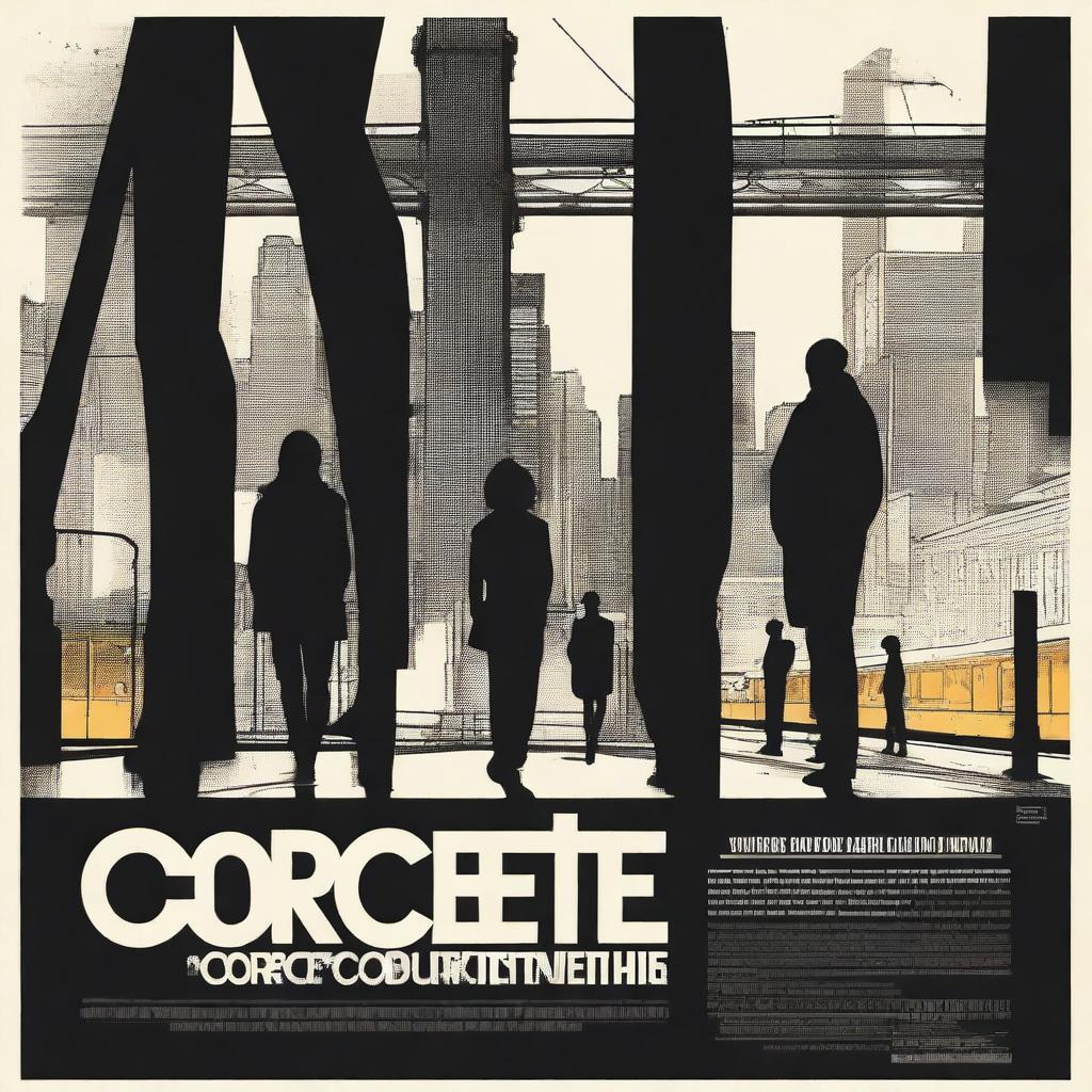 Design a movie poster for 'Concrete Connections' featuring a dynamic urban backdrop of Brooklyn, with a focus on the city’s gritty and vibrant environment