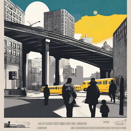 Design a movie poster for 'Concrete Connections' featuring a dynamic urban backdrop of Brooklyn, with a focus on the city’s gritty and vibrant environment